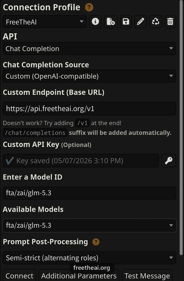 SillyTavern API Connections set to Chat Completion and Custom (OpenAI-compatible), with the base URL https://api.freetheai.org/v1, model fta/zai/glm-5.3, and Prompt Post-Processing set to Semi-strict.