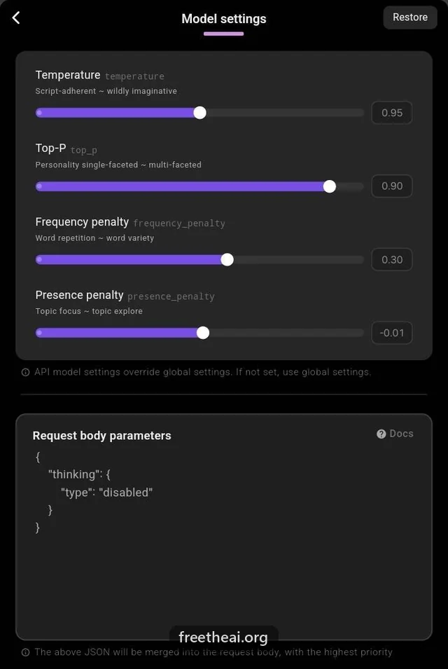 Tavo Model settings with sliders for temperature, top-p, and penalties, and a Request body parameters box holding {"thinking": {"type": "disabled"}}.