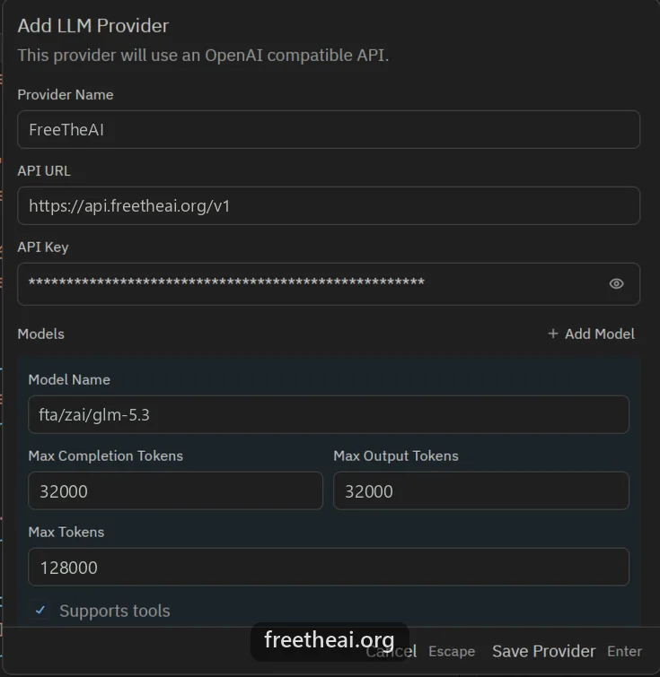 Zed Add LLM Provider dialog with provider name FreeTheAI, API URL https://api.freetheai.org/v1, model fta/zai/glm-5.3, and token limits filled in.